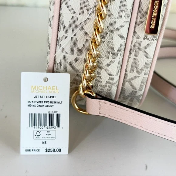 Michael Kors Jet Set Travel MD Flight Chain Crossbody Bag MK Vanilla/Pink - Picture 13 of 15